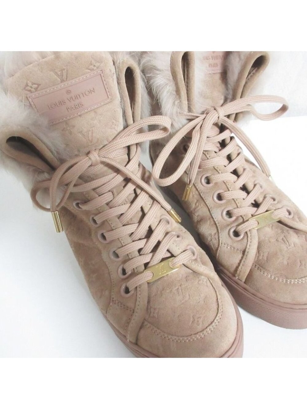 Louis Vuitton Monogram Embossed Suede High Cut Shearling Sneakers 35 Pink Beige - Picture 3 of 10